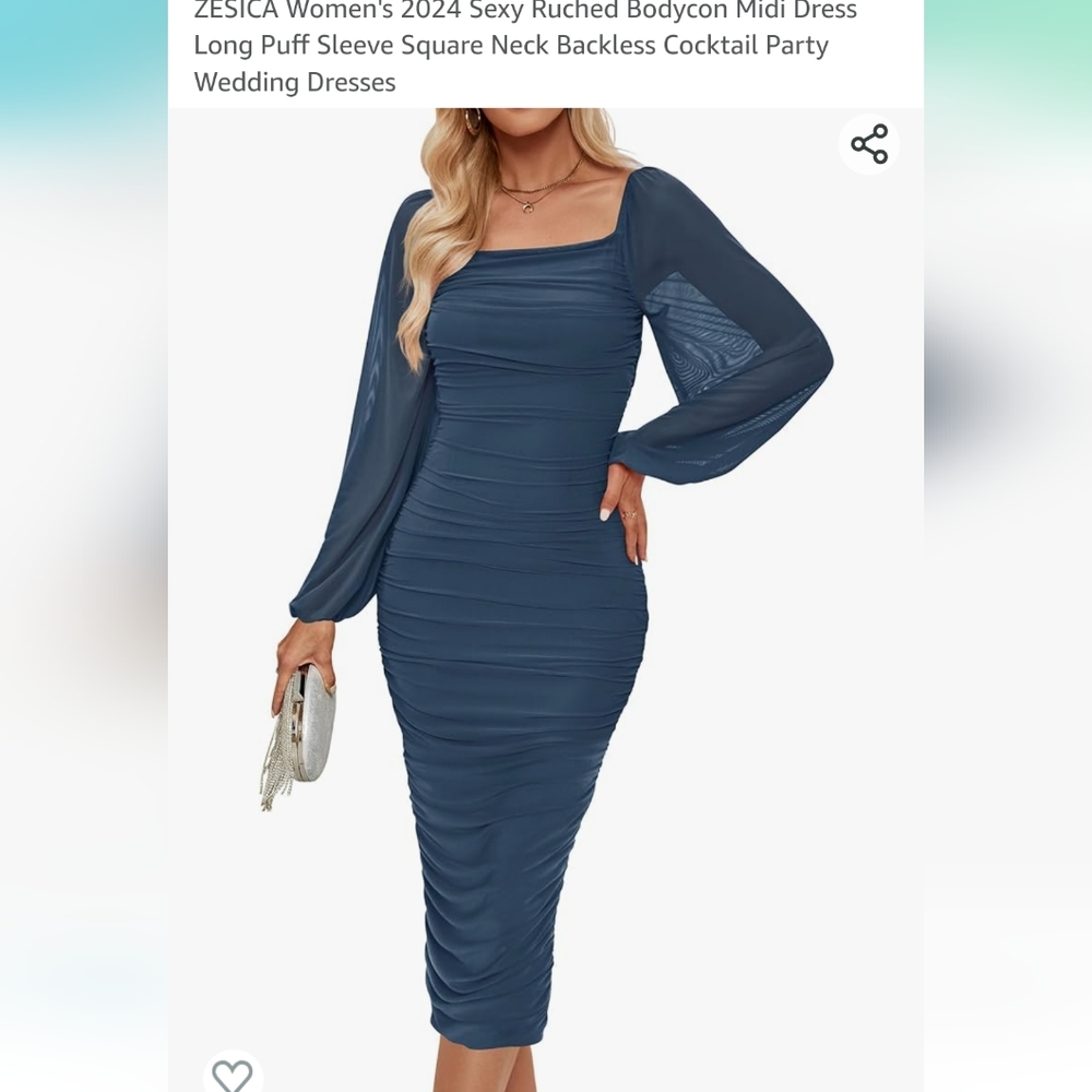Sexy Ruched Bodycon Midi dress in blue with long Puff sleeve square neck size XL